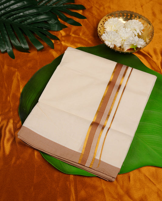 Cream colour cotton double dhoti featuring brown colour border with gold zari border