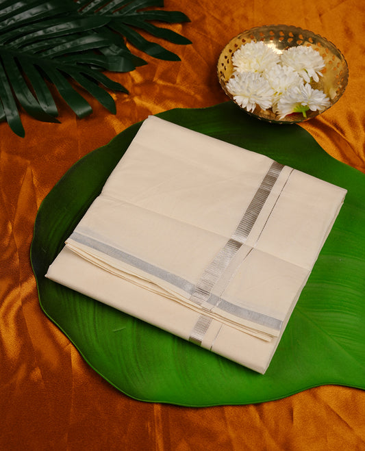 Cream colour double dhoti featuring silver colour kasavu zari border