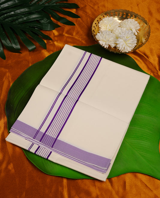 Cream colour RAMRAJ cotton single dhoti featuring purple colour simple border