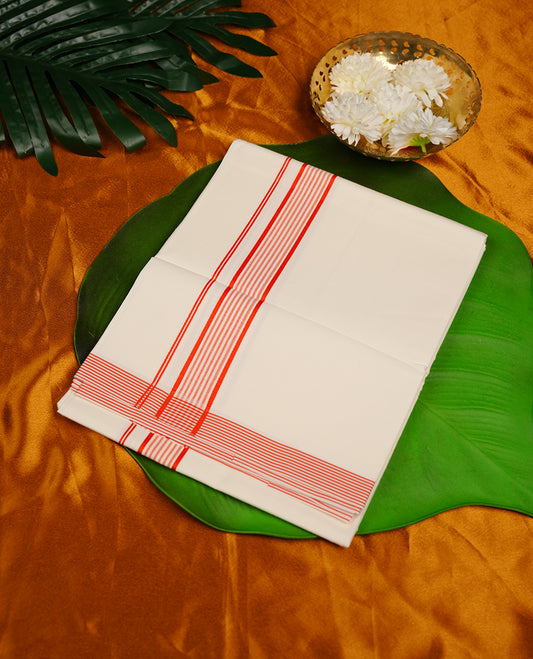 Cream colour MCR cotton single dhoti featuring orange colour simple border