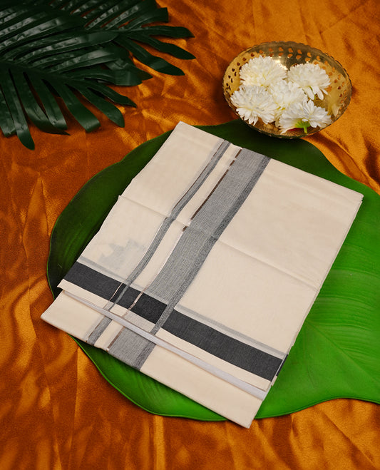 Cream colour cotton double dhoti featuring grey colour border with light gold zari border