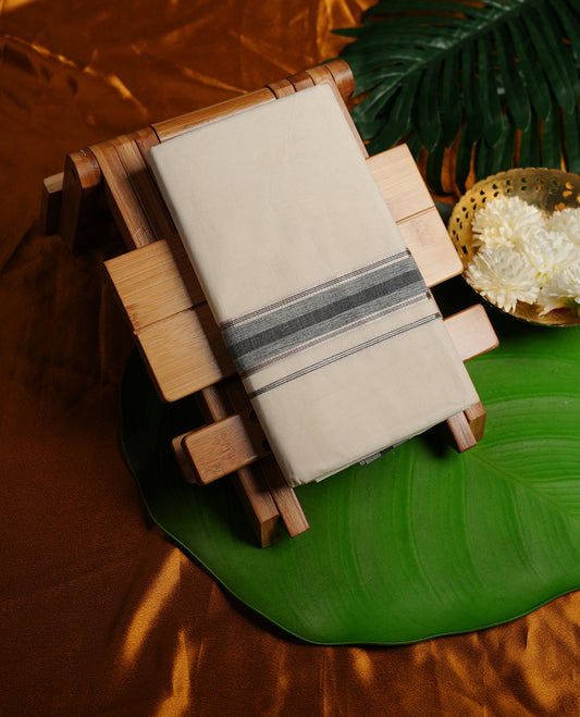 Cream colour cotton double dhoti featuring grey colour border with silver zari border