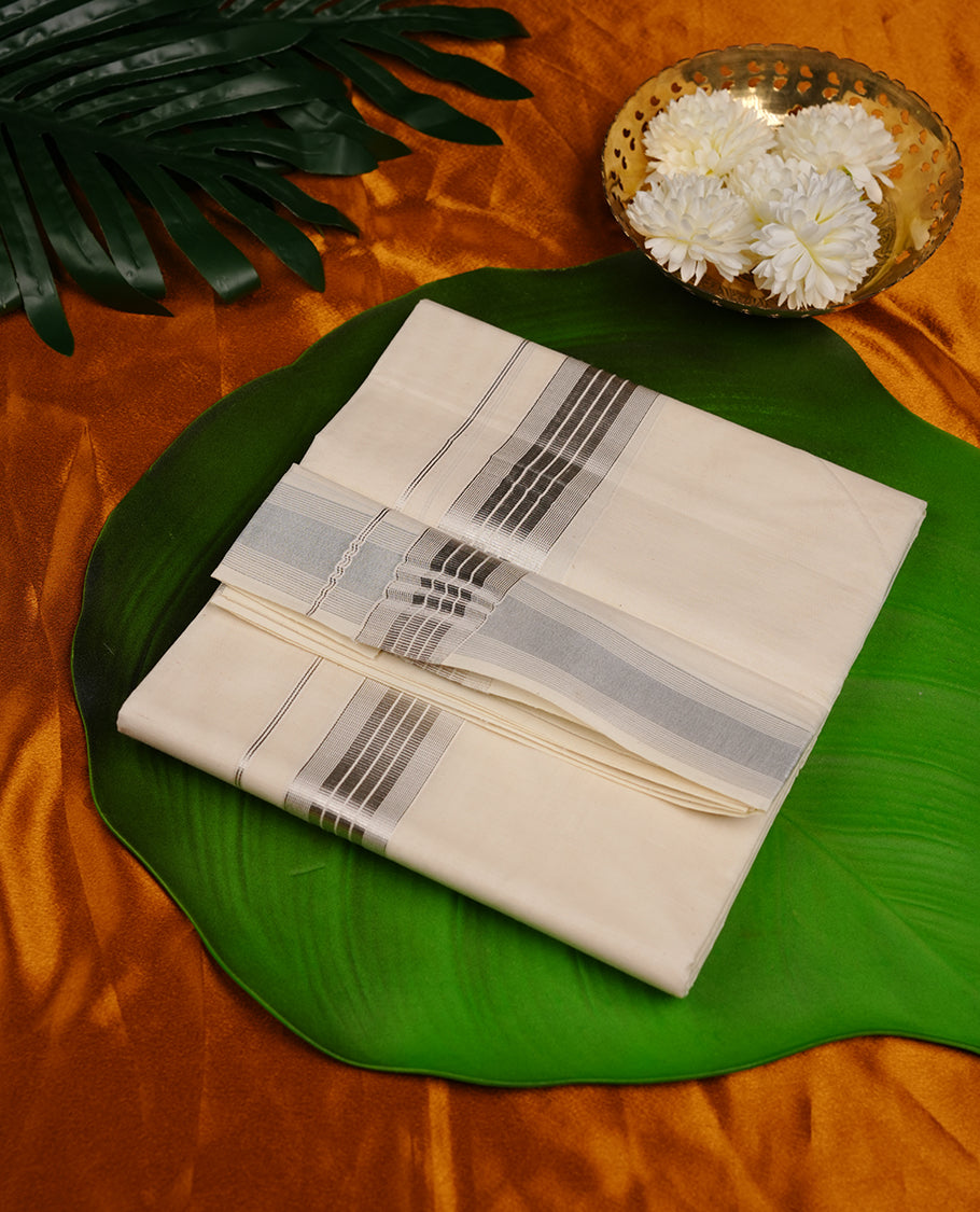 Cream colour cotton double dhoti featuring silver stripe kasavu zari border