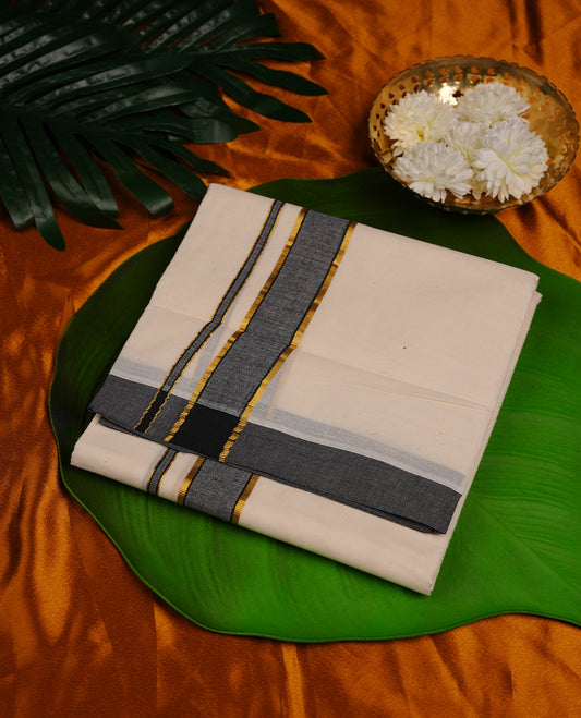Cream colour cotton double dhoti featuring black grey and gold border