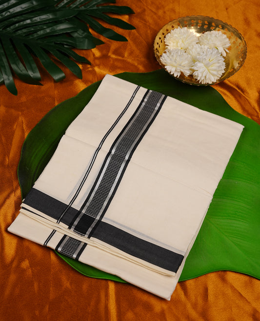 Cream colour MCR double dhoti featuring black and silver colour kasavu zari border
