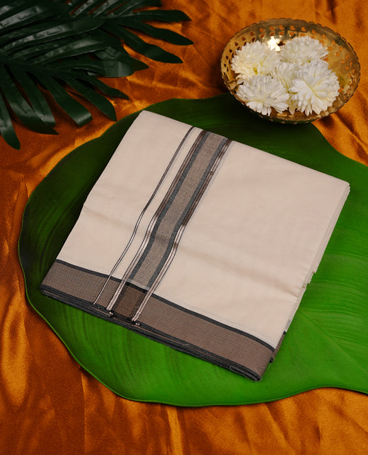 Cream colour cotton double dhoti featuring grey colour border with silver zari border