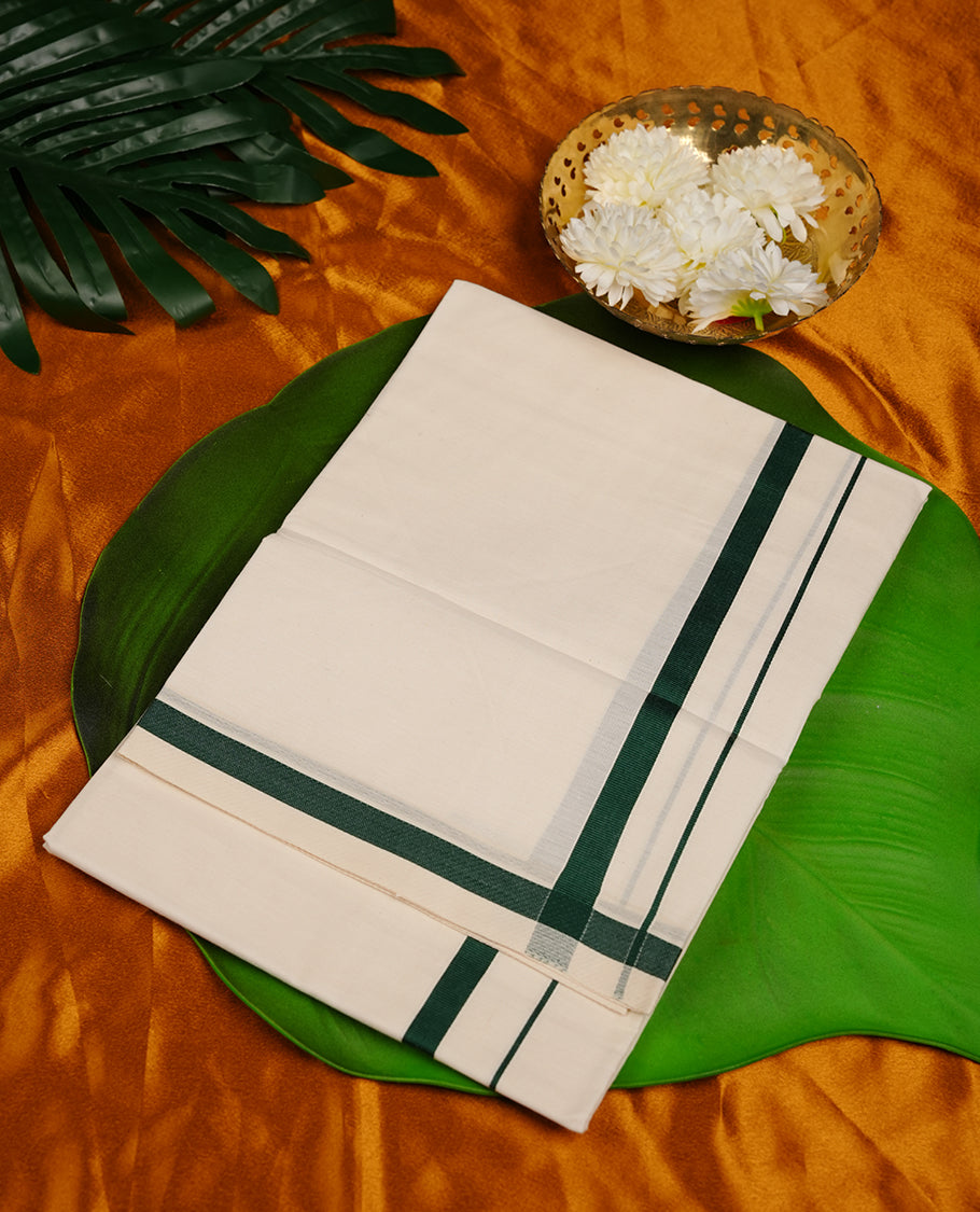 Cream colour MCR cotton single dhoti featuring green colour simple border