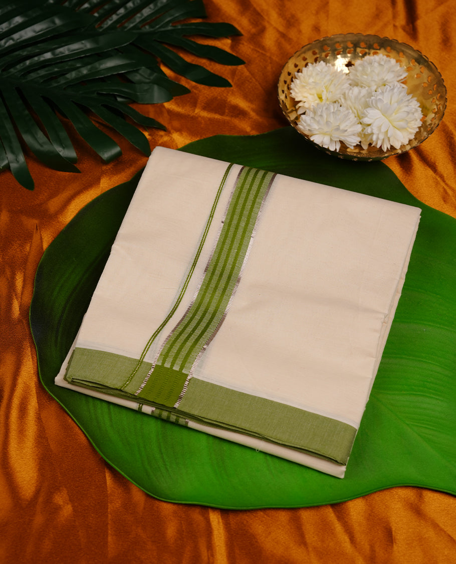 Cream colour cotton double dhoti featuring green colour border with light gold zari border