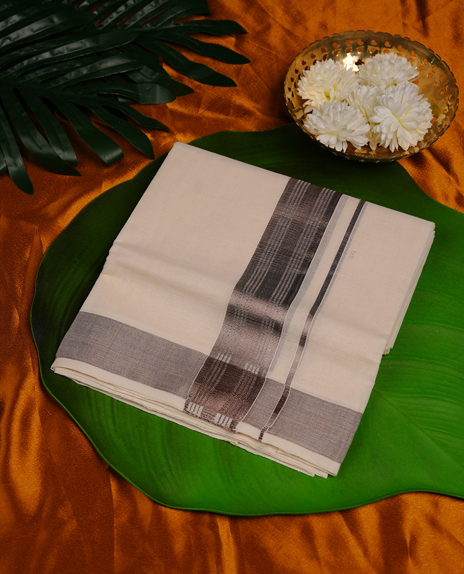 Cream colour cotton double dhoti featuring antique grey border