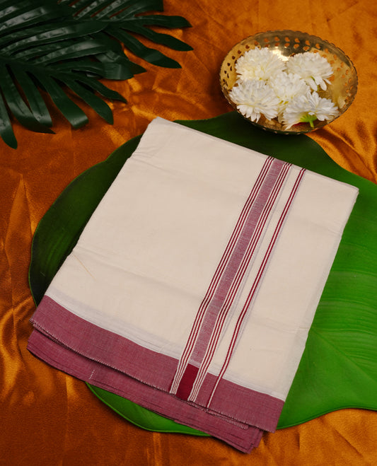 Cream colour cotton double dhoti featuring brick red colour border