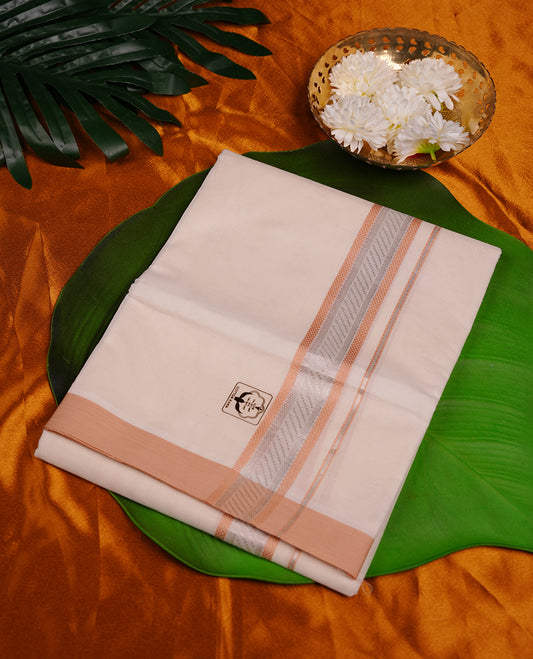 Cream colour RAMRAJ cotton double dhoti featuring Light brown colour zari border