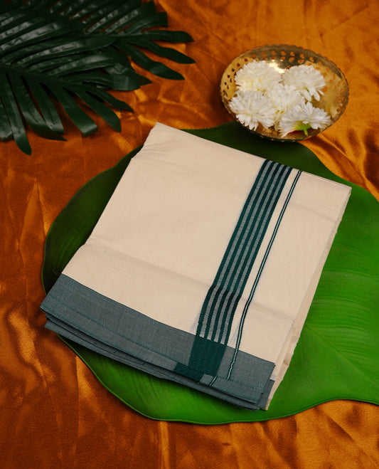 Cream colour double dhoti featuring dark green colour stripes zari border