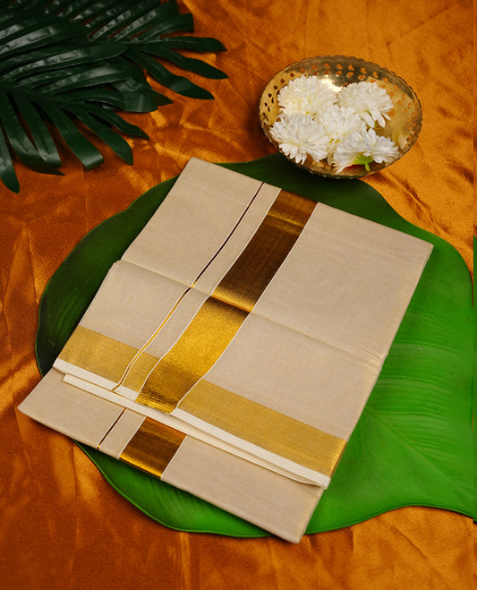Cream colour MCR cotton double dhoti featuring 3 inch gold kasavu zari border
