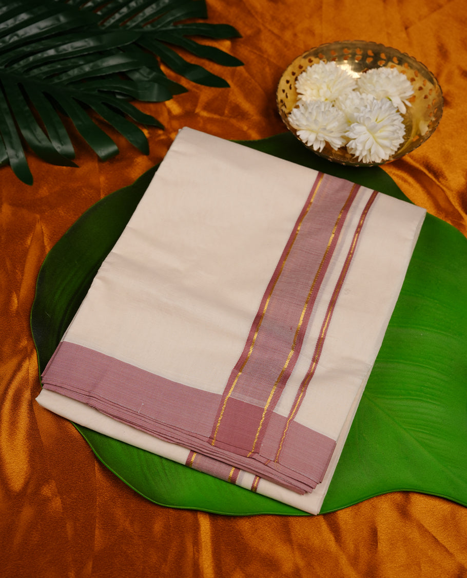 Cream colour cotton double dhoti featuring mauve and gold border