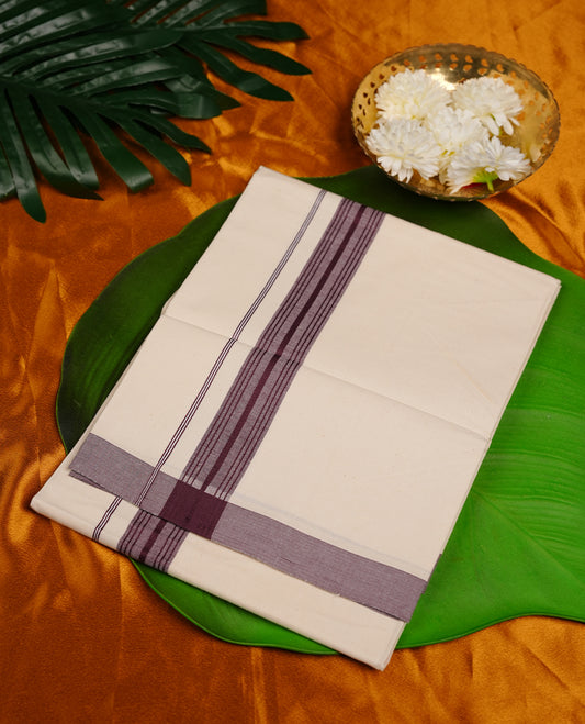 Cream colour MCR cotton single dhoti featuring grape colour border