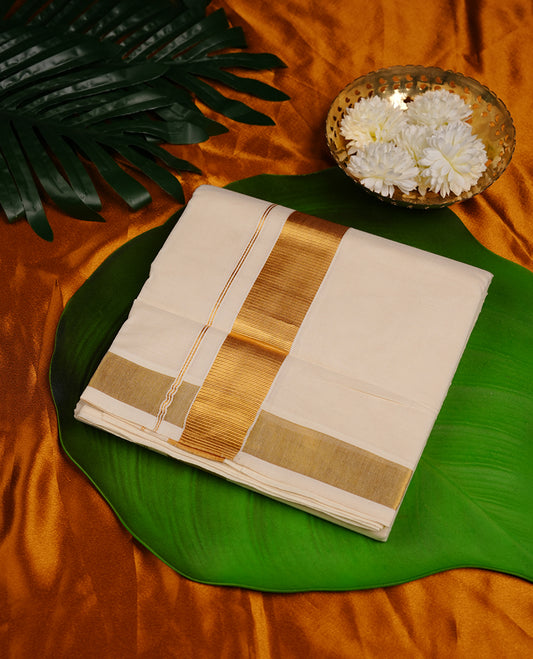 Cream colour cotton double dhoti featuring 2 inch gold kasavu zari border