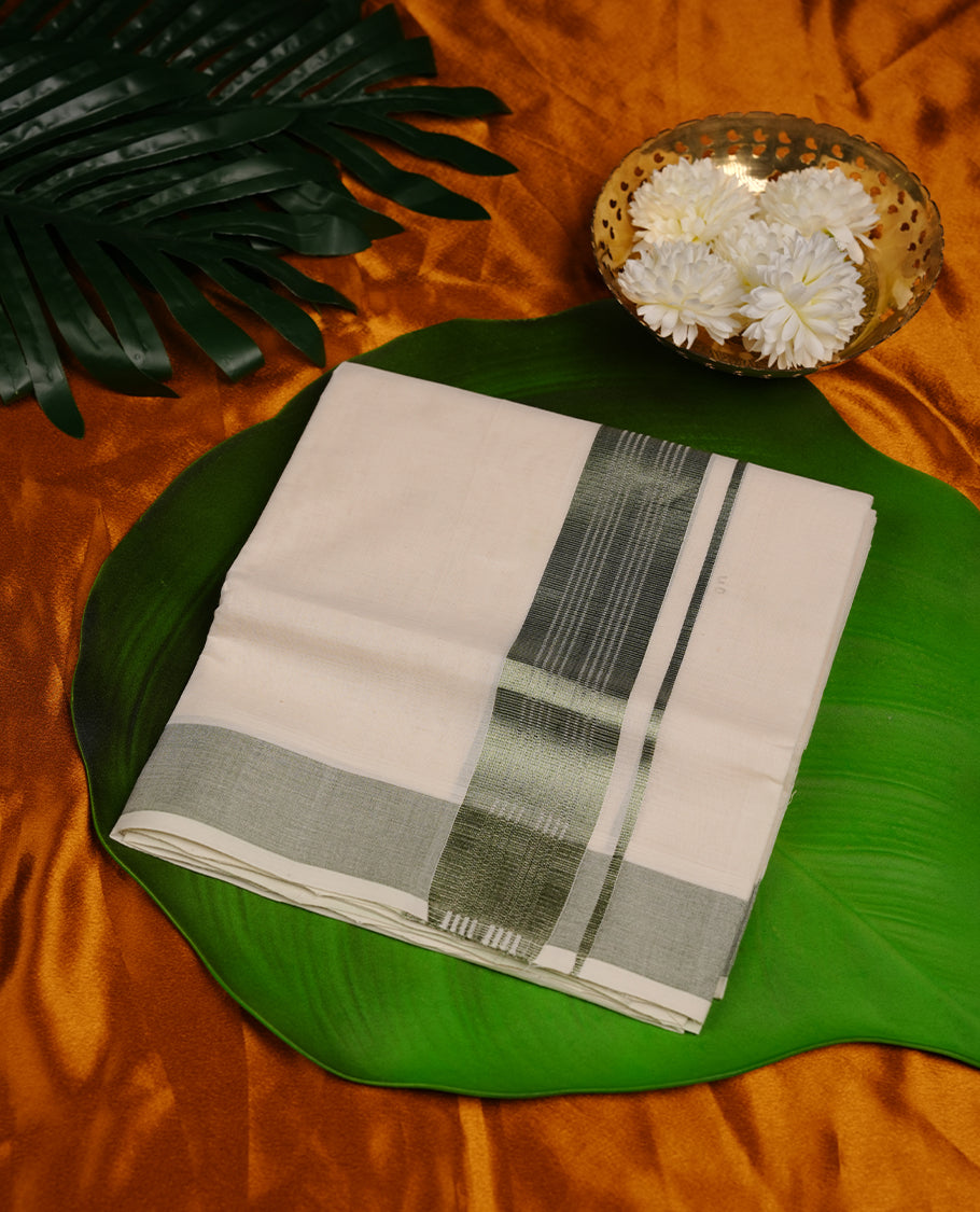 Cream colour cotton double dhoti featuring silver green border