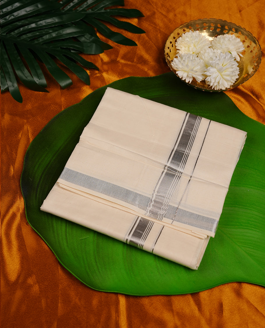 Cream colour cotton double dhoti featuring silver stripe kasavu zari border