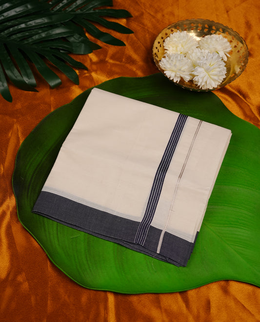 Cream colour cotton single dhoti fearturing navy blue colour simple border