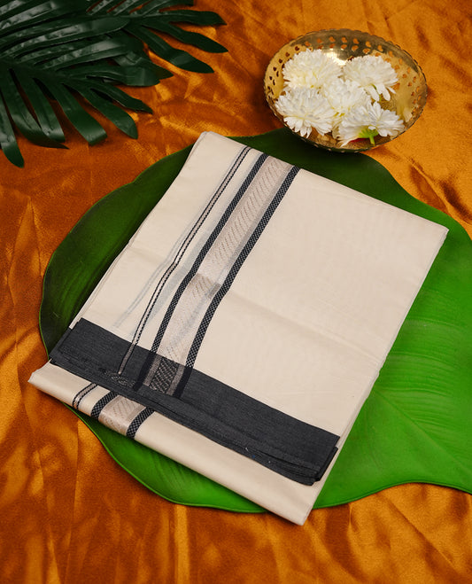 Cream colour cotton double dhoti featuring black colour border with silver zari border