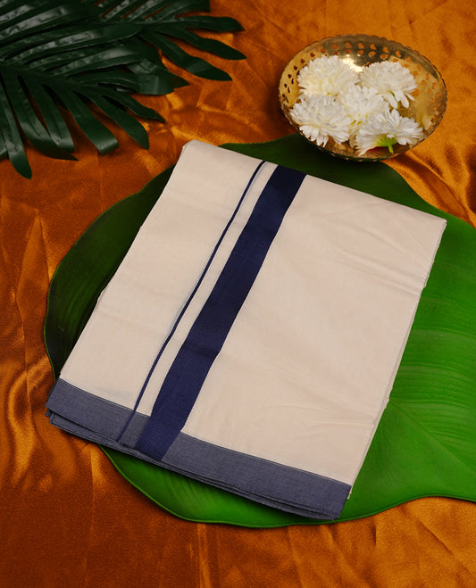 Cream colour double dhoti featuring dark blue colour zari border