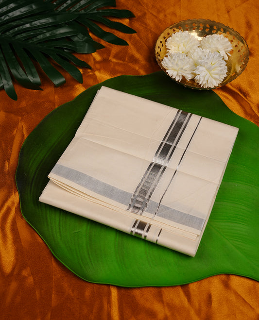 Cream colour cotton double dhoti featuring silver stripe kasavu zari border