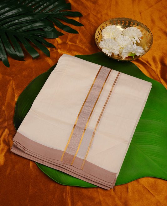 Cream colour cotton double dhoti featuring light brown colour border with gold zari border