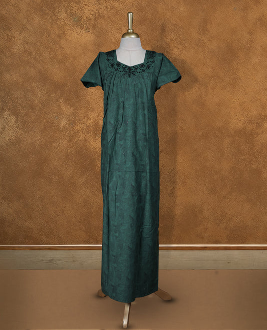 Dark Green colour NStyle nighty featuring black floral patterns, a Diamond neckline with tread design, short sleeves, and a full ankle-length design.