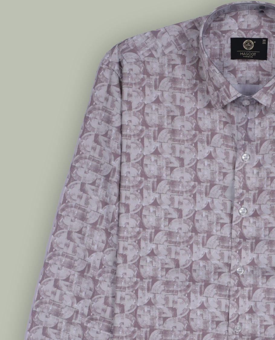 Soft mauve colour full sleeve shirt featuring an all over abstract geometric print for a modern, stylish appeal, Designed with a classic collar and button down front, perfect for smart casual outings.