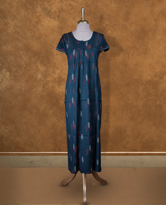 Dark cyan colour NStyle nighty featuring coloured Leaf pattern, a U neckline with pipe details , short sleeves, and a full ankle-length design.