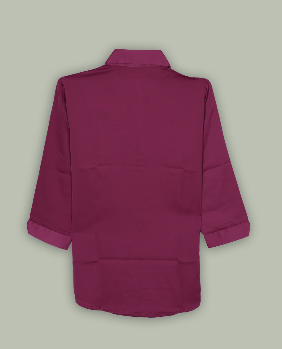 Dark pink colour women’s shirt featuring a classic pointed collar, button-down front and easy 3/4th sleeves