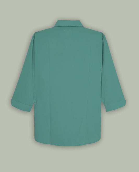 Turquoise colour women’s shirt featuring a classic pointed collar, button-down front and easy 3/4th sleeves