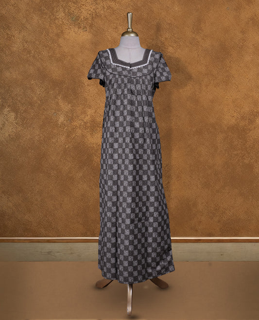 Grey colour NStyle nighty featuring checkered patterns, a diamond neckline with lace trim detailing, short sleeves, and a full ankle-length design