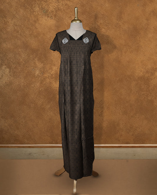 Shade Grown colour Nstyle nighty with featuring a White floral pattern on front and black pattern, a Round neckline, Short sleeve, and a full-length