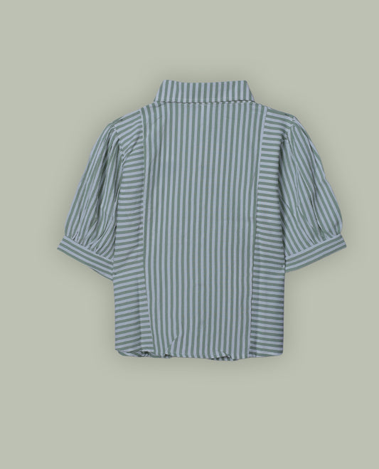 Green & white colour shirt top with decorative front button & stripped body, thread pattern and sleeve.