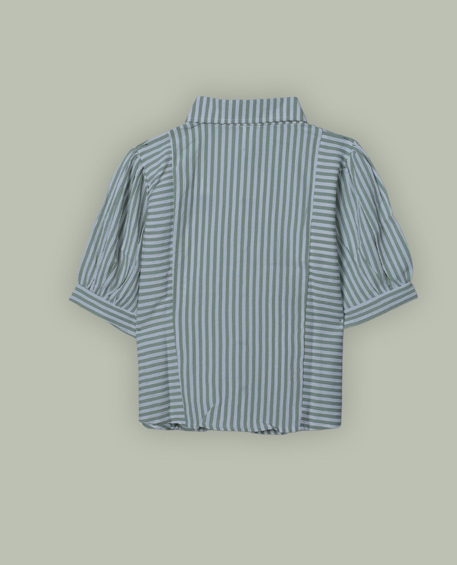 Green & white colour shirt top with decorative front button & stripped body, thread pattern and sleeve.