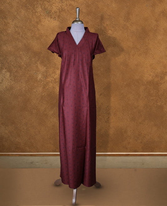 Dark red colour Nstyle nighty with featuring a moon pattern, V-neckline with colar design, short sleeves, and a full-length