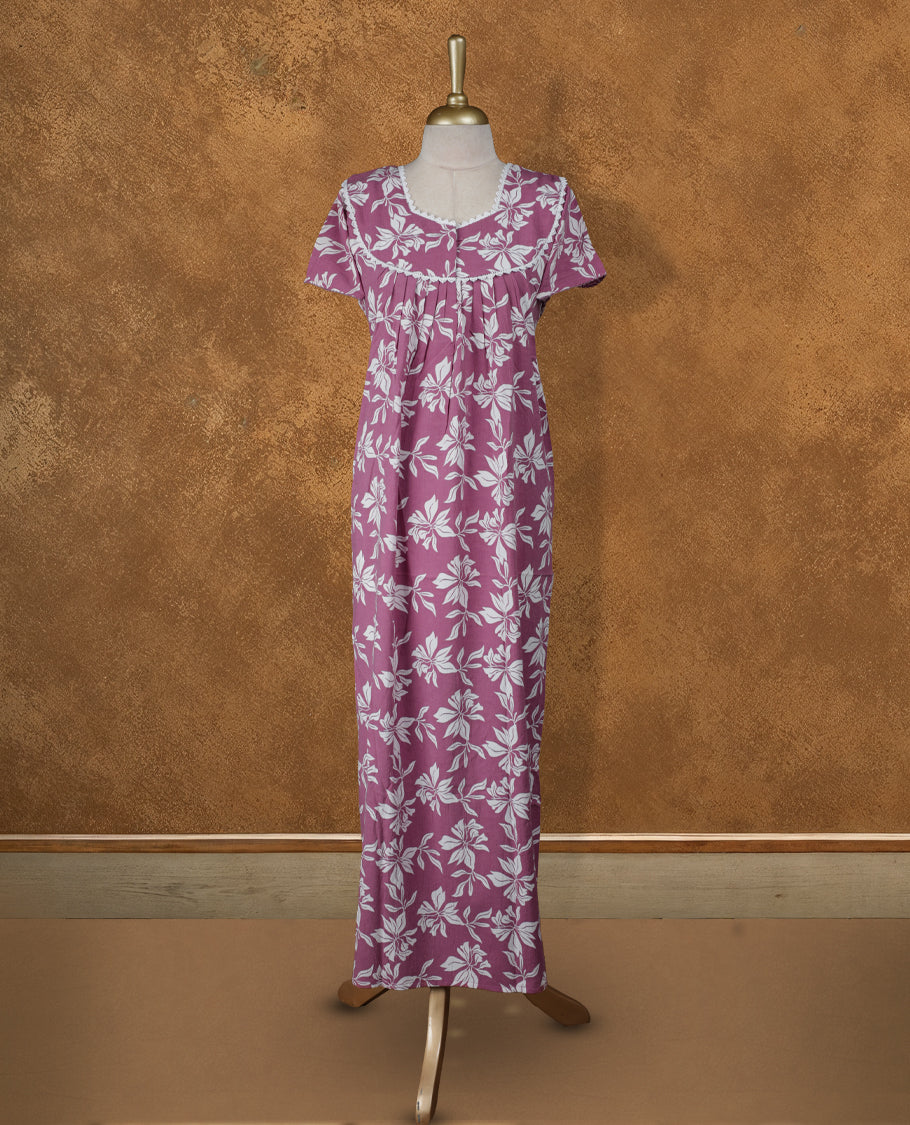 Rosewood colour NStyle nighty featuring White floral patterns, a Diamond neckline and thread lace border, short sleeves, and a full ankle-length design.