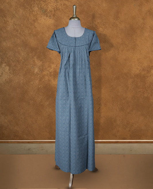 Dark aqua Green colour NStyle nighty featuring white floral  patterns, a Round-neckline with thread border, short sleeves, and a full ankle-length design.