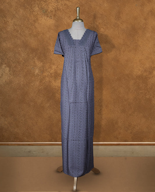 Ash gray colour NStyle nighty featuring black design patterns, a V-cut Neckline with design lace boarder , short sleeves, and a full ankle-length design.