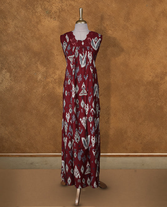 Dark red colour NStyle nighty featuring white & gray pattern, a V neckline with lace details , sleeveless, and a full ankle-length design.