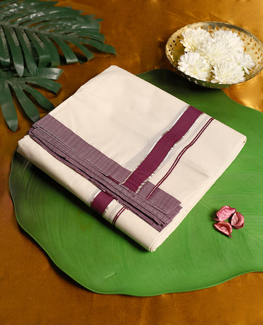Off white pure cotton double dhoti featuring a rich grape border highlighted with silver zari stripe detailing, offering a traditional and sophisticated look perfect for cultural and festive wear.