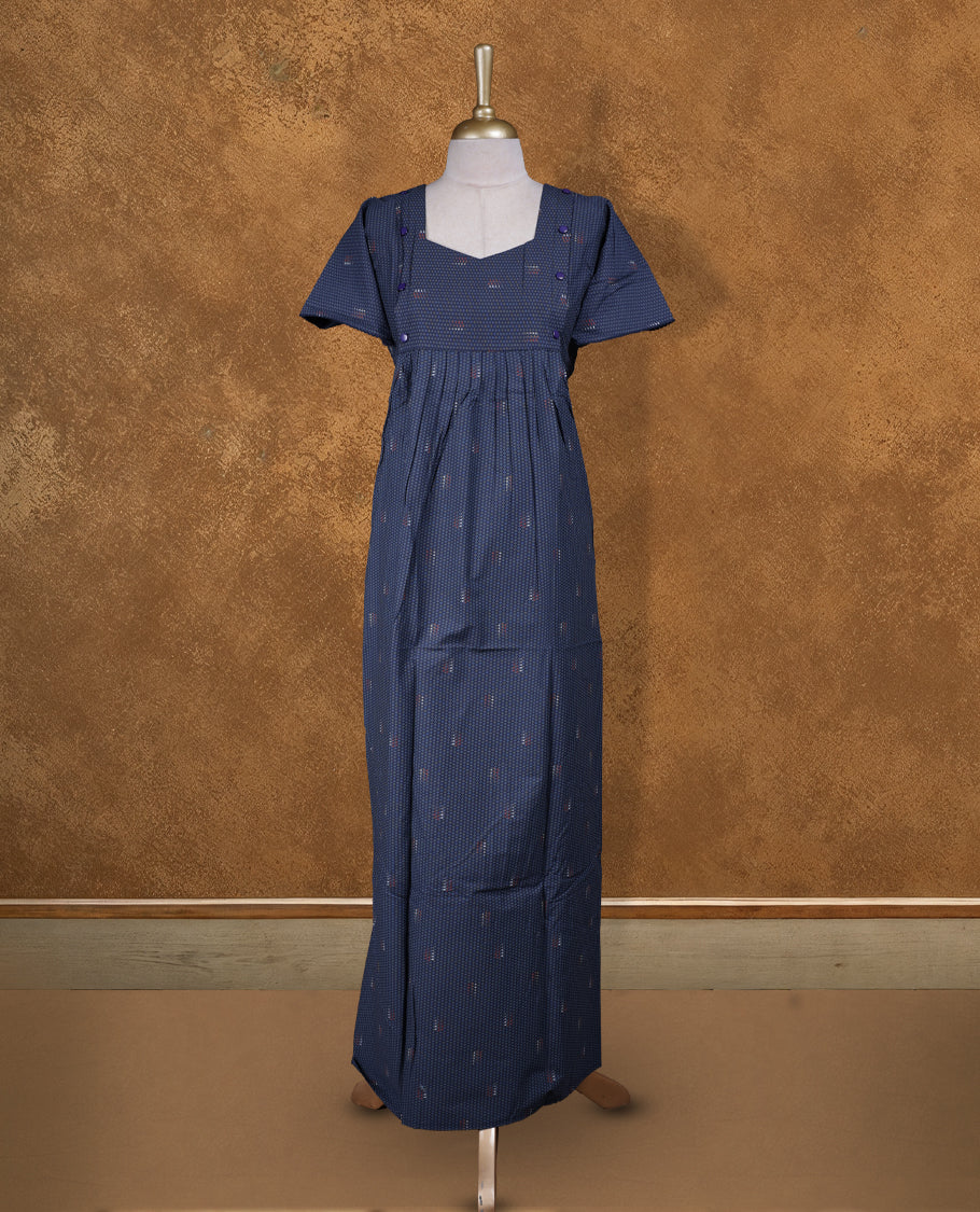 Navy blue colour NStyle nighty featuring dotted patterns, a sweetheart neckline with botton detailing, short sleeves, and a full ankle-length design