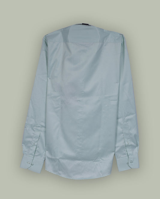 Light mint green colour long sleeve shirt with a subtle dotted pattern, Features a classic collar, front button closure, and single chest pocket & Made from smooth, breathable fabric.