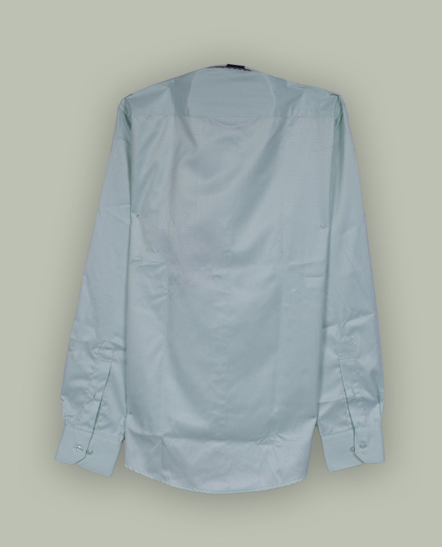 Light mint green colour long sleeve shirt with a subtle dotted pattern, Features a classic collar, front button closure, and single chest pocket & Made from smooth, breathable fabric.