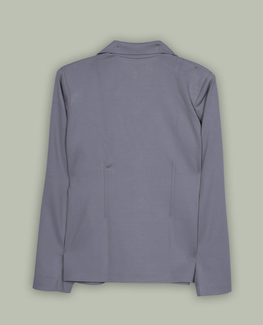 Gray colour blazer featuring a notched lapel collar, button-front closure and flap pockets, finished with long sleeves and a tailored silhouette.