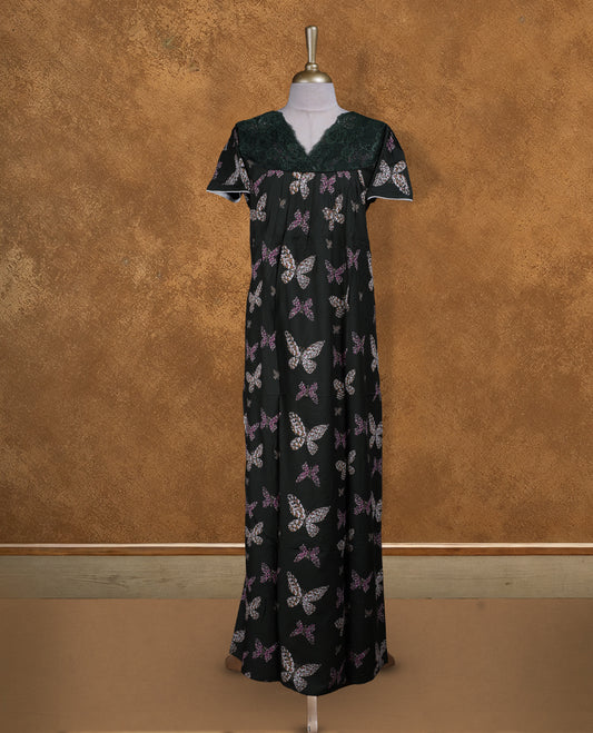 Dark green colour NStyle nighty featuring Butterfly patterns, a V neckline with design lace, short sleeves, and a full ankle-length design.