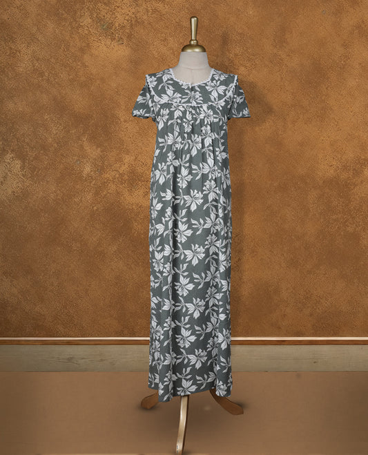 thyme green colour NStyle nighty featuring white colour floral patterns, a Diamond neckline with lace  details , short sleeves, and a full ankle-length design.
