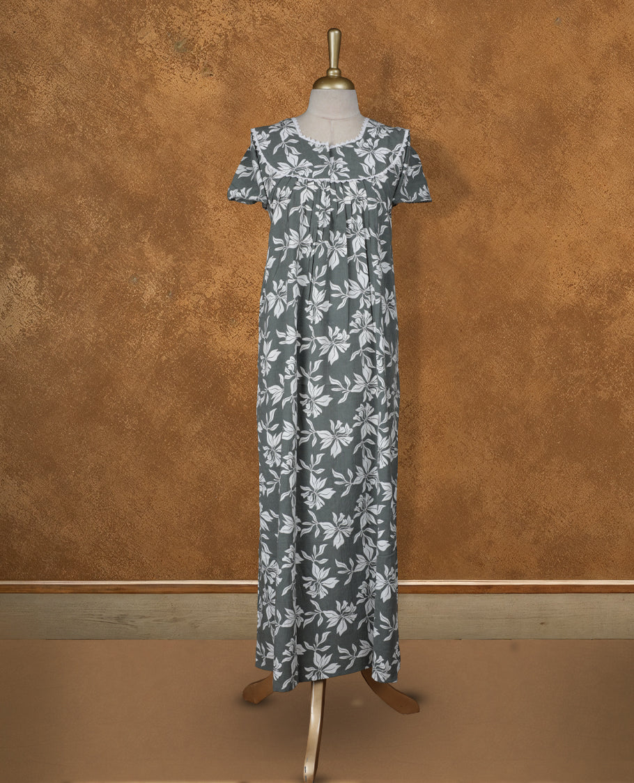 thyme green colour NStyle nighty featuring white colour floral patterns, a Diamond neckline with lace  details , short sleeves, and a full ankle-length design.