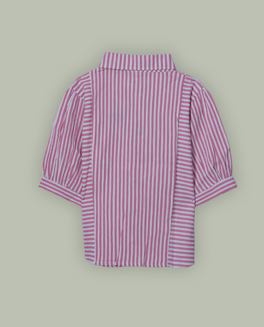 Pink & white colour shirt top with decorative front button & stripped body, thread pattern and sleeve.